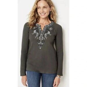 J Jill Womens XL Petite Embroidered Waffle Knit Raglan Top in Coriander Green